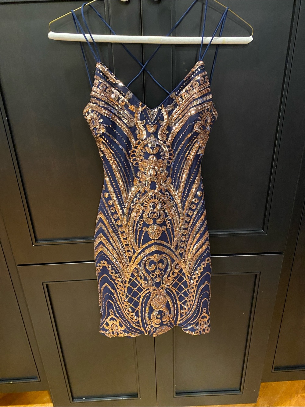 Navy and Gold Sequin Cocktail Dress - Strappy V-Neck
